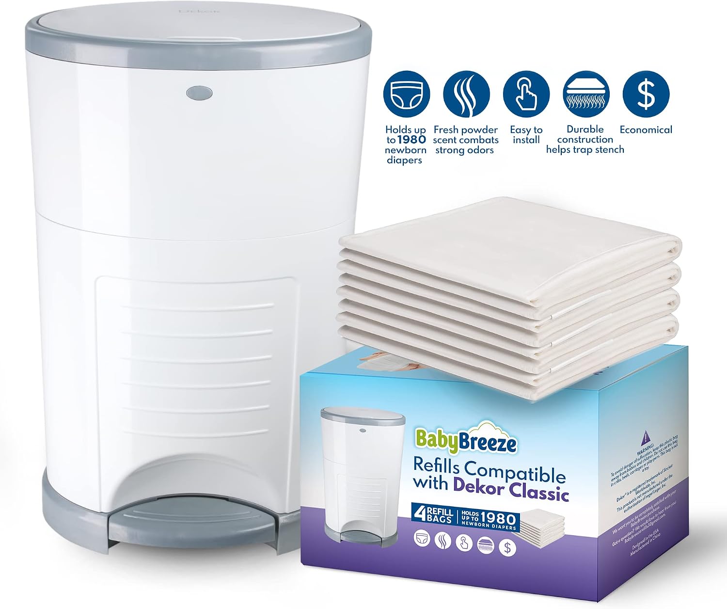 BabyBreeze Diaper Pail Refills Compatible with Dekor Classic – 4 Pack Continuous Refill Bags – Powder Scent Odor Control – Leak Resistant Diaper Disposal Liners – Holds Up to 1980 Diapers