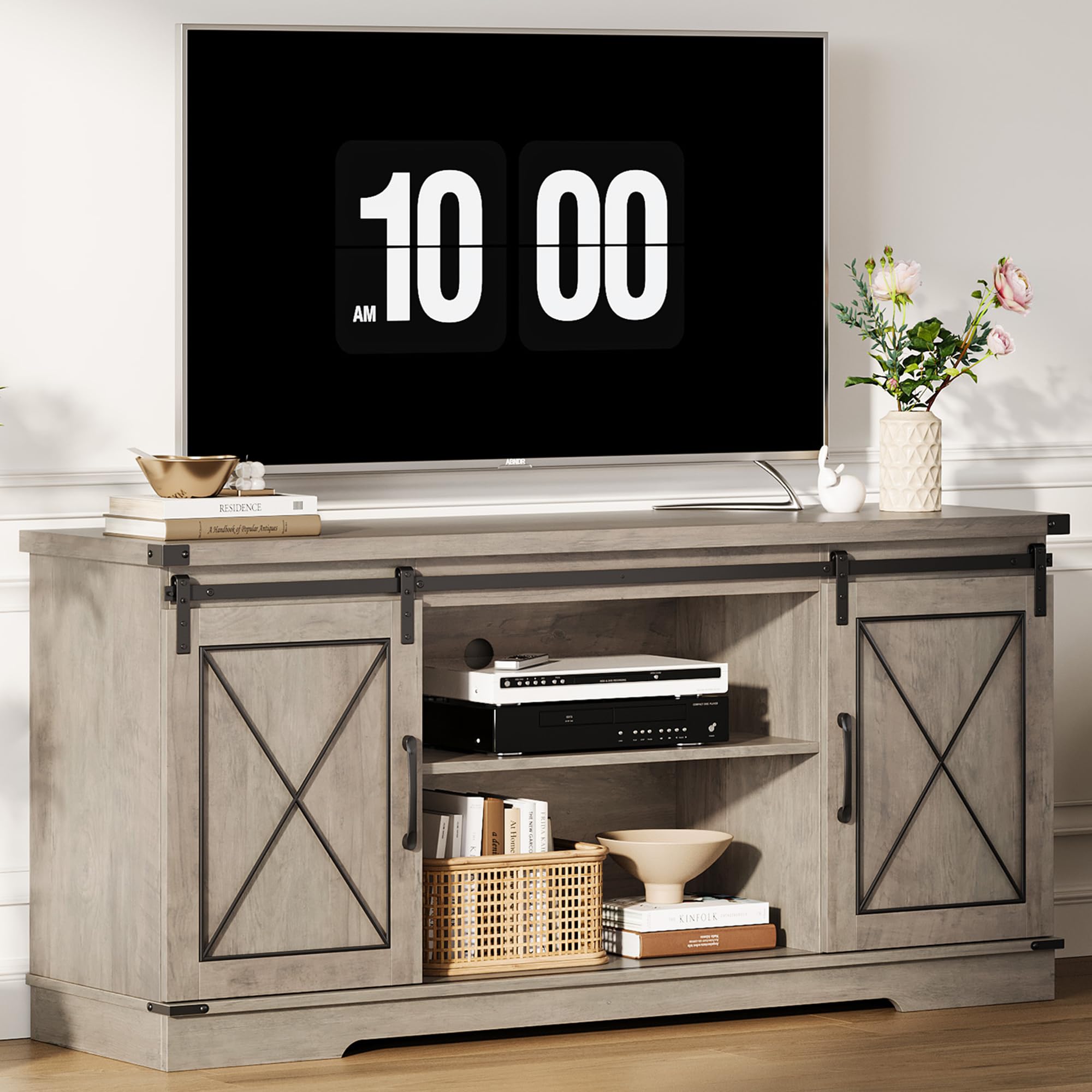 CABIHOME Farmhouse TV Stand and Entertainment Center for TV Up to 65 Inches with Sliding Barn Doors and Adjustable Shelf, TV Media Storage Console