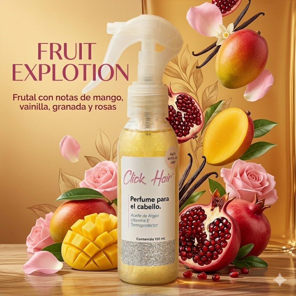 Click Hair Perfume Spray 120ml Fruit Explosion (Mango, Vanilla, Pomegranate, Roses Long-Lasting Hair Fragrance & Heat Protector with Argan Oil, Keratin, and Glitter - Reduces Frizz image 2