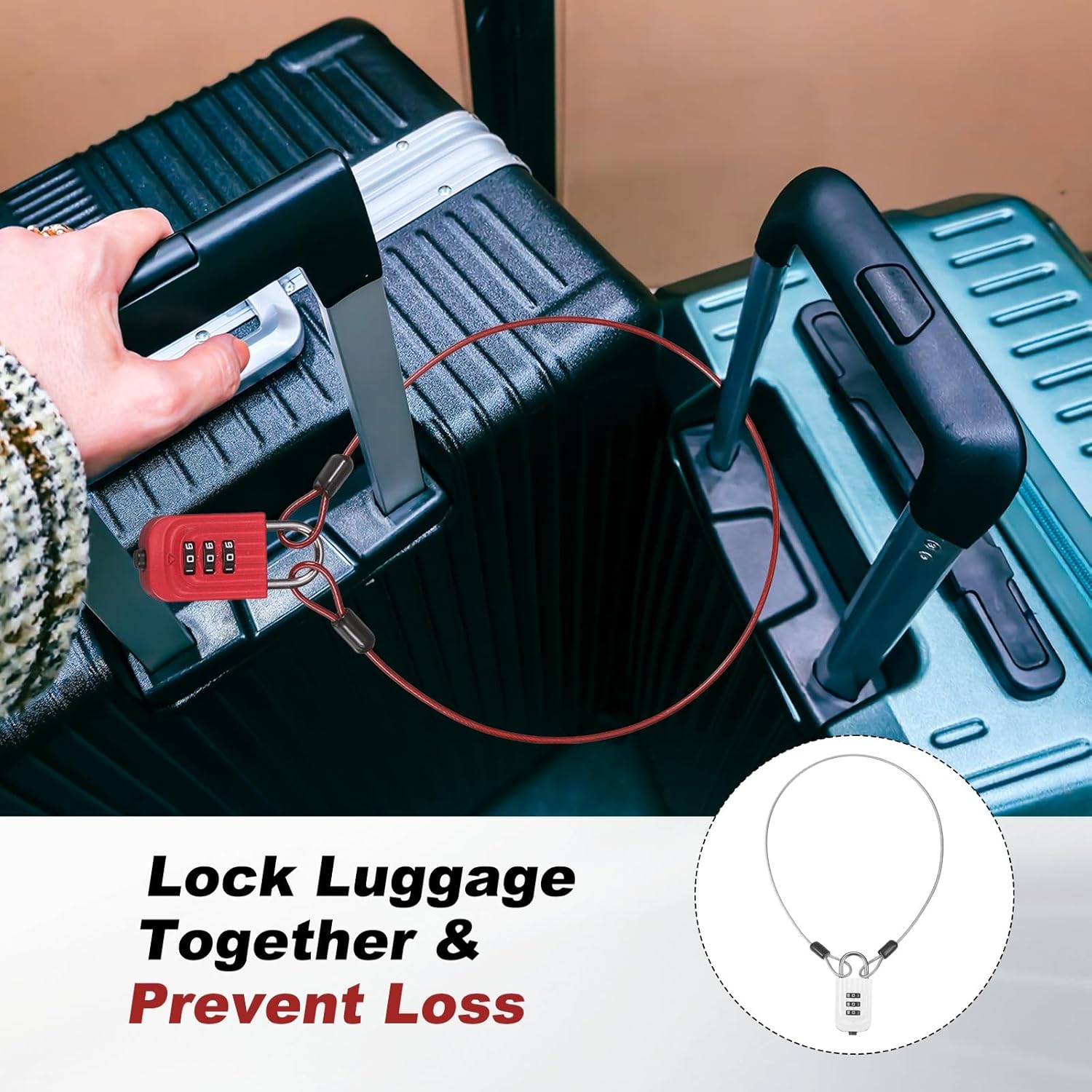 PATIKIL Security Cable with 3Digit Combination Lock, (6.56ft x 3/32", Silver)(2Pcs), Braided Stainless Steel Safety Cable Wire Rope with Double Loop, Suit for Suitcase/Bicycle/Cabinets