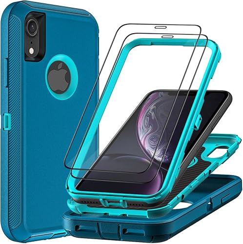 Funda para iPhone XR con 2 protectores de pantalla de vidrio templado, grado militar 3 en 1, resistente a prueba de golpes, a prueba de caídas,
