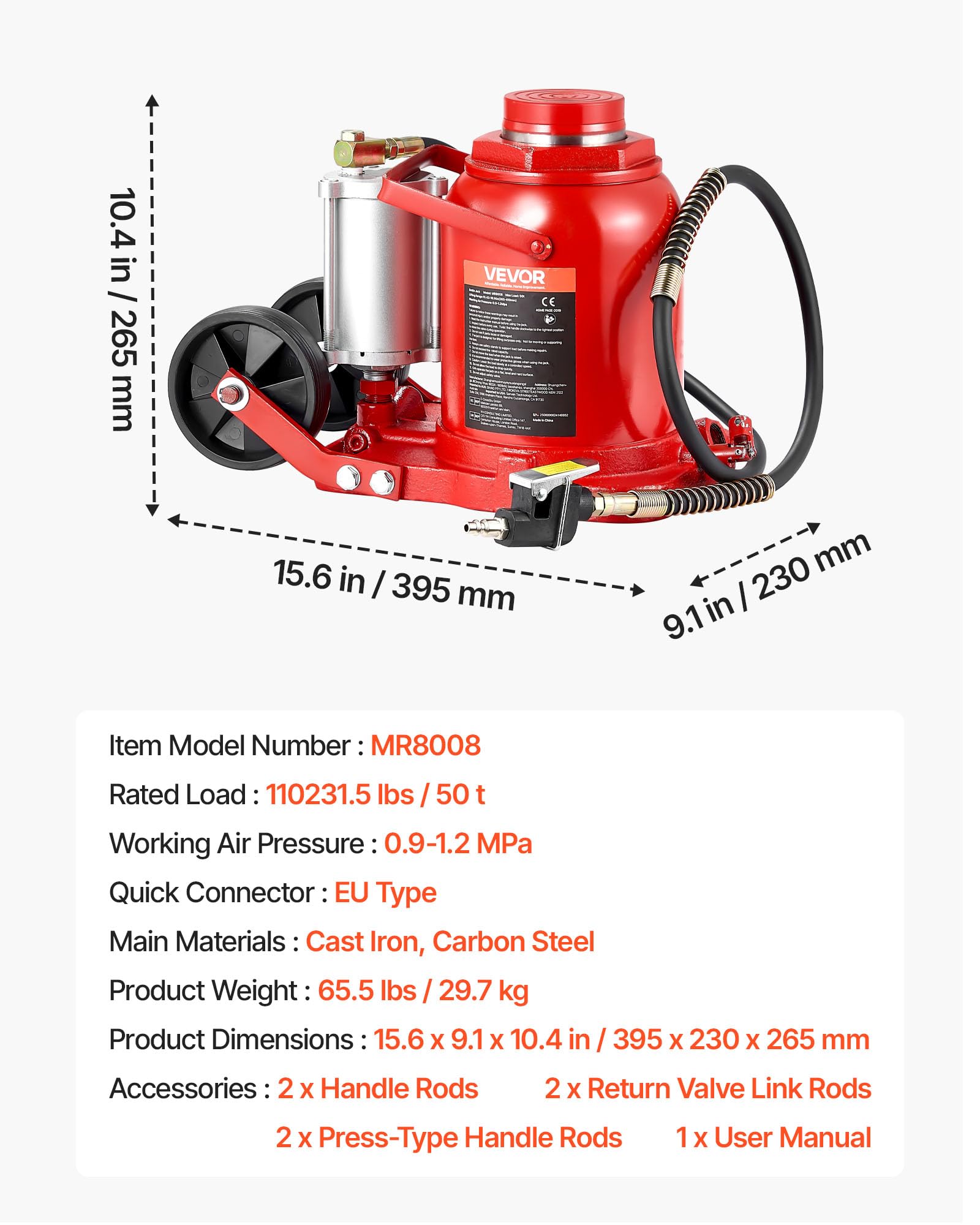 VEVOR Martinetto Idraulico a Bottiglia per Auto Carico di 50 t, Cric a Bottiglia Saldato per Impieghi Gravosi Pneumatico o Manuale con Pompa per SUV, Camion, Camper, Riparazione Auto, Rosso