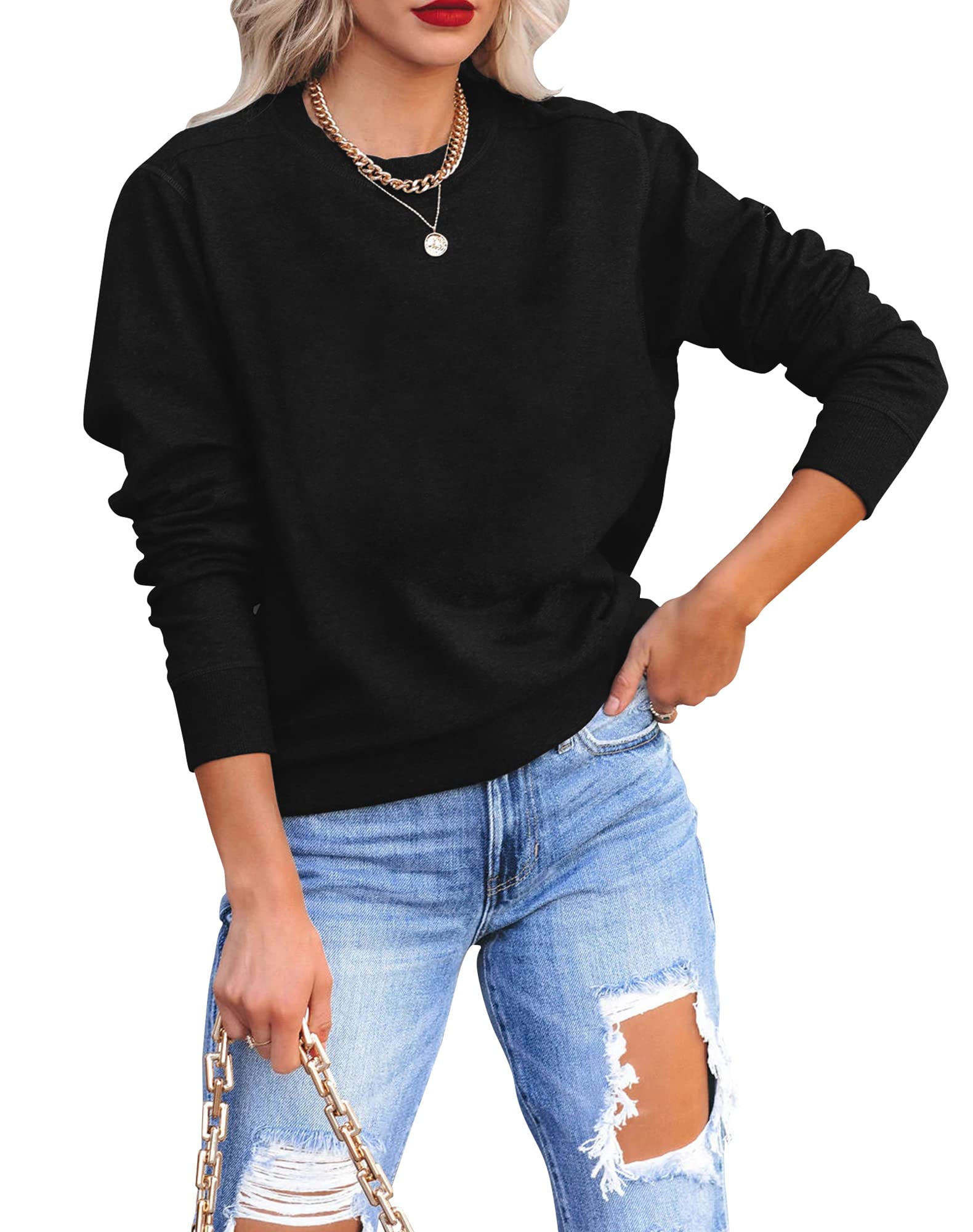 Yuccalley Women's Casual Long Sleeve Sweatshirt Fashion Crew Neck Pullover Basic Tops, Black, XXL