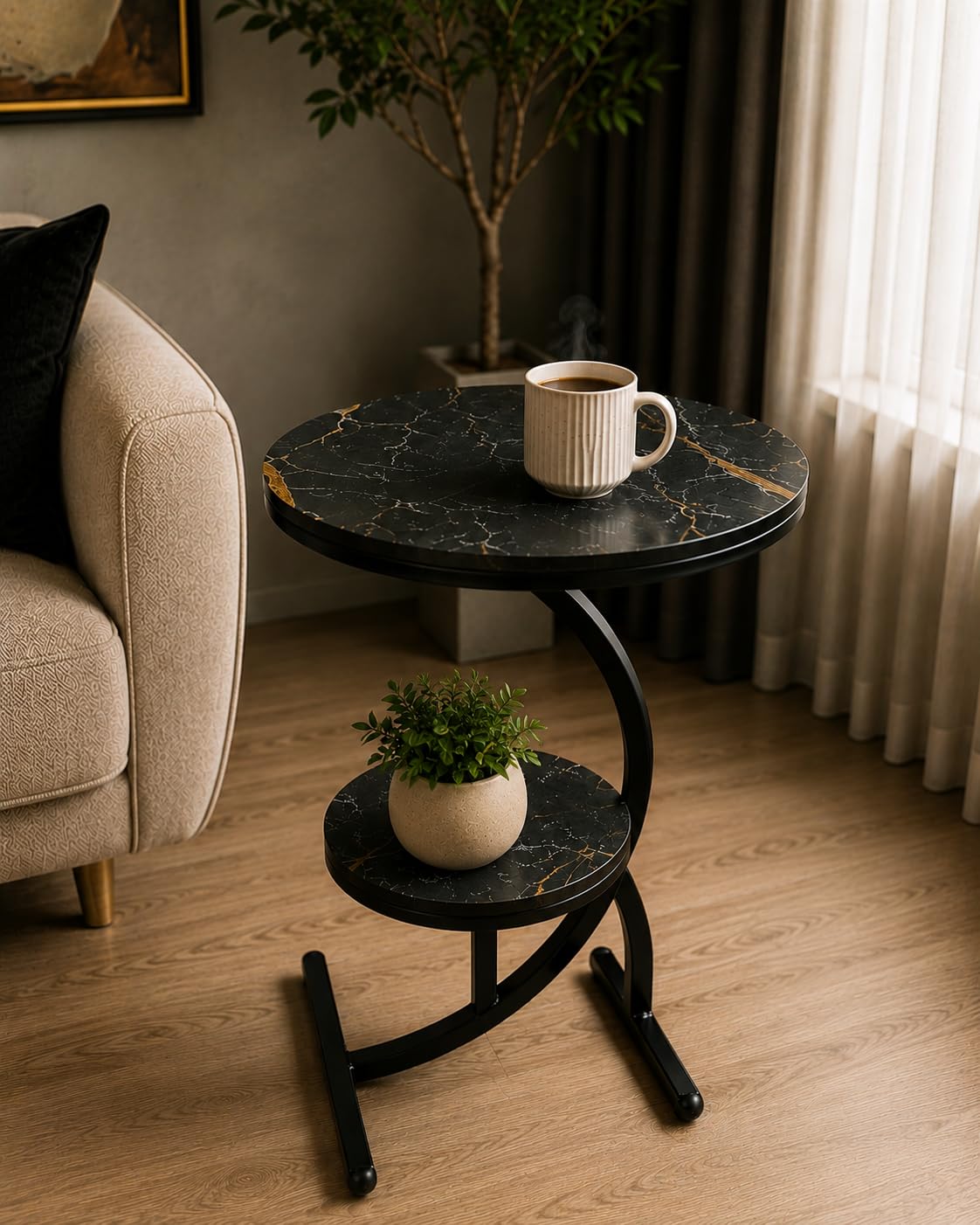 Modern C Shape Side Table with 2 Tier Storage Shelf. Stylish End Table for Living Room & Bedroom (Black)-image-48