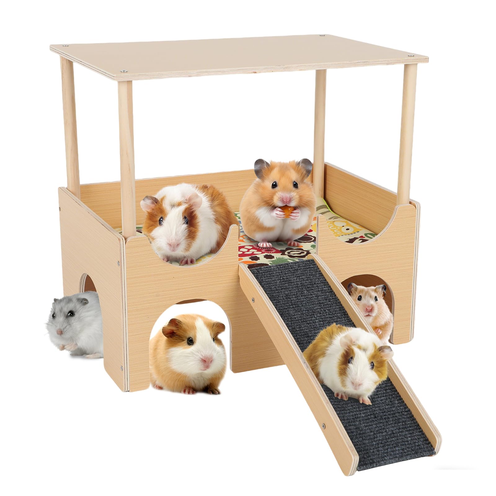 Wooden Guinea Pig House, Hideout Hut with 4 Caves and Stairs, Detachable Guinea Pig Castle with Ramp&Anti-slip Mat & Cushion