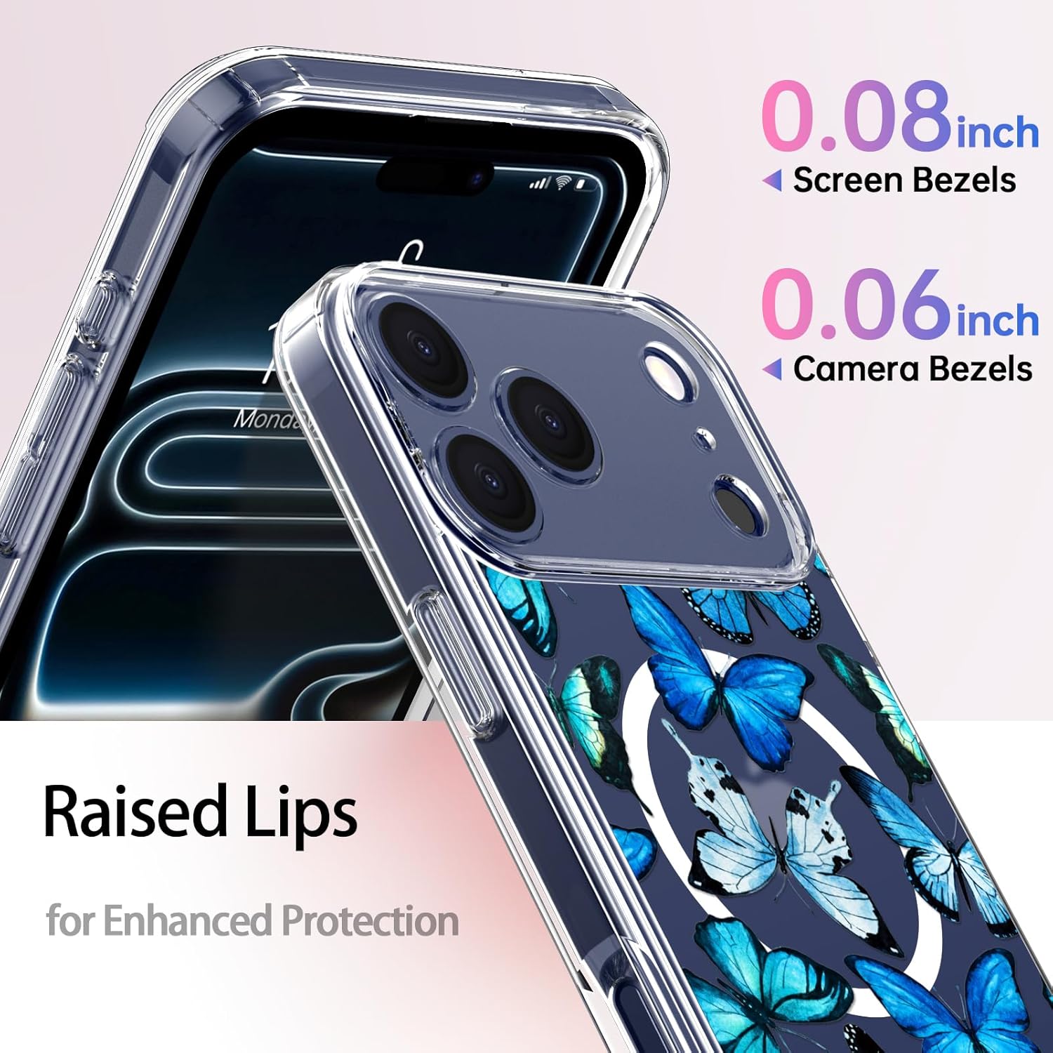 LUHOURI for iPhone 17 Pro Case with Screen Protector - Wireless Charging - Crystal Acrylic Clear - Fashionable Designs for Women Girls - Slim Fit Protective Phone Cover, Floral Blue Butterflies - Image 5