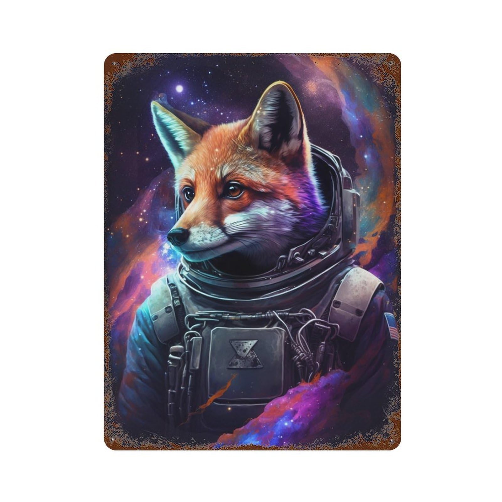 Garage Style Cosmic Fox Astronaut Art Print-4 Distressed Metal Wall Sign 15.7"x11.8", Shabby Chic Decor for Bar And Workshop