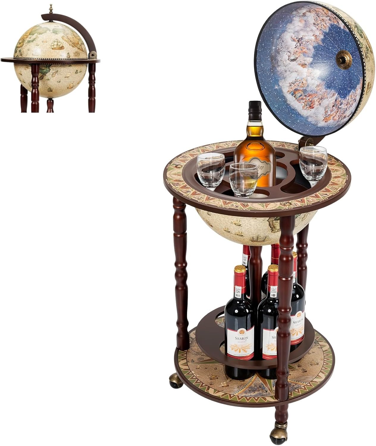 MEDIMALL Wood Globe Bar Liquor Cabinet, 16th Century Italian Replica Bar Stand for Liquor, Wine, Stemware, Vintage Alcohol Cart w/Liquor Shelves, Globe Bar Cart for Living Room, Dining Room