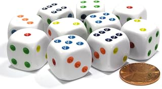 Set of 10 Six Sided Round Edge Opaque 16mm D6 Dice - White with Multicolor Pip by Koplow Games