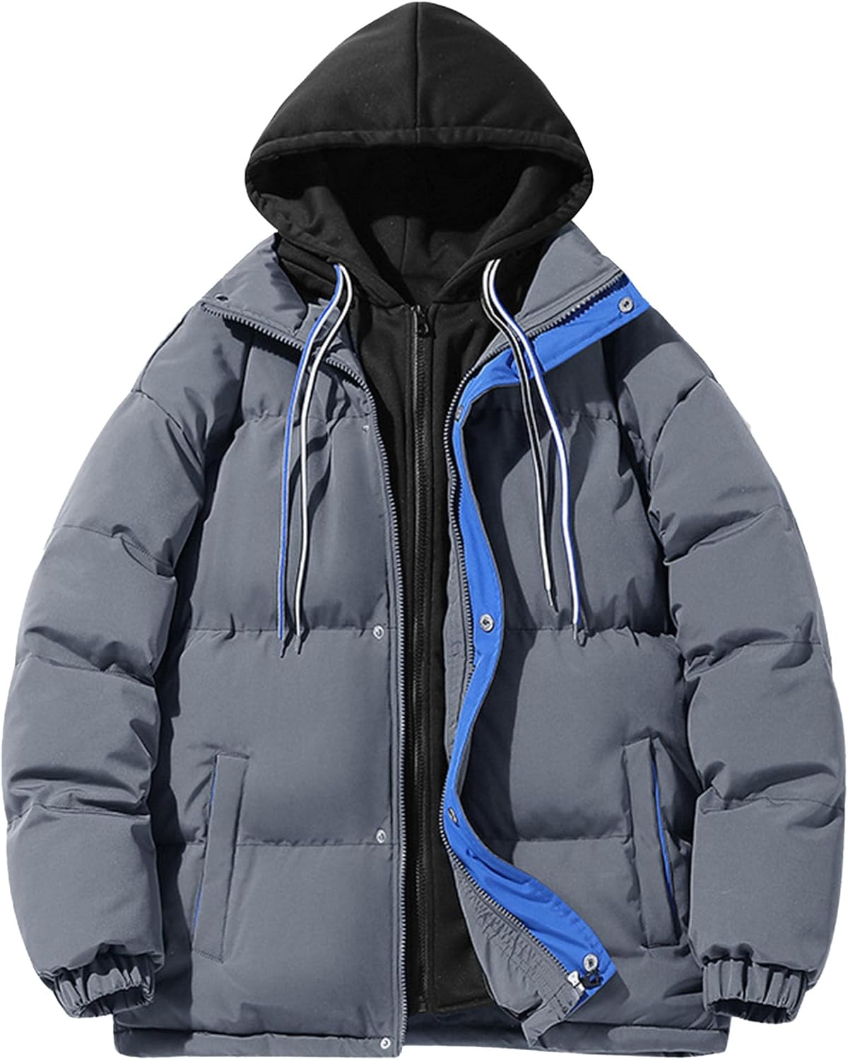 Men's Loose Padded Hooded Jacket Winter Full Zipper Warm Coat Stand Collar Windproof Quilted Outwear