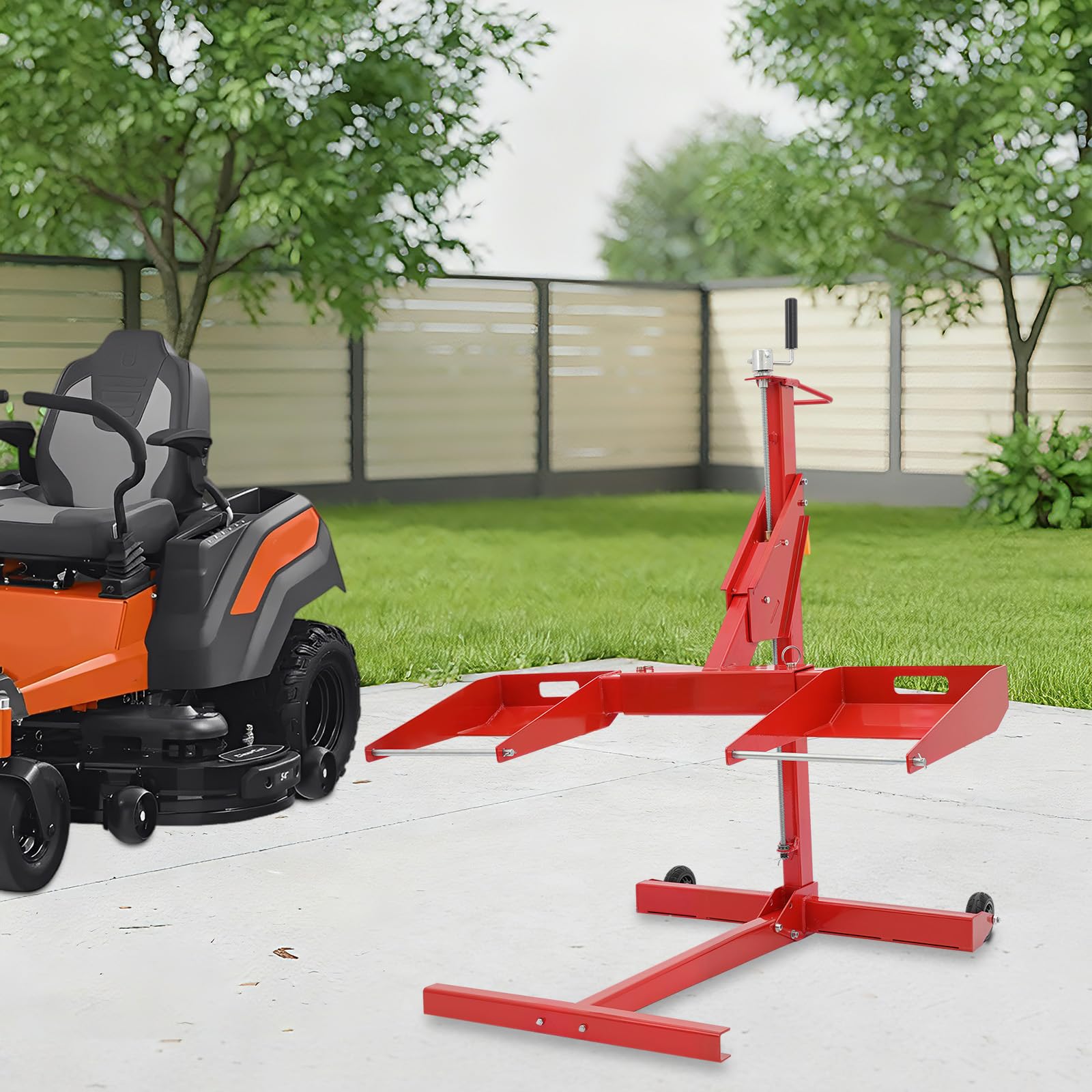 Elevador de tractor de césped, extensible con 2 ruedas, para cortacéspedes, tractores pequeños y cortacéspedes, 204,12 kg, 103,8-126,3 cm, longitud ajustable
