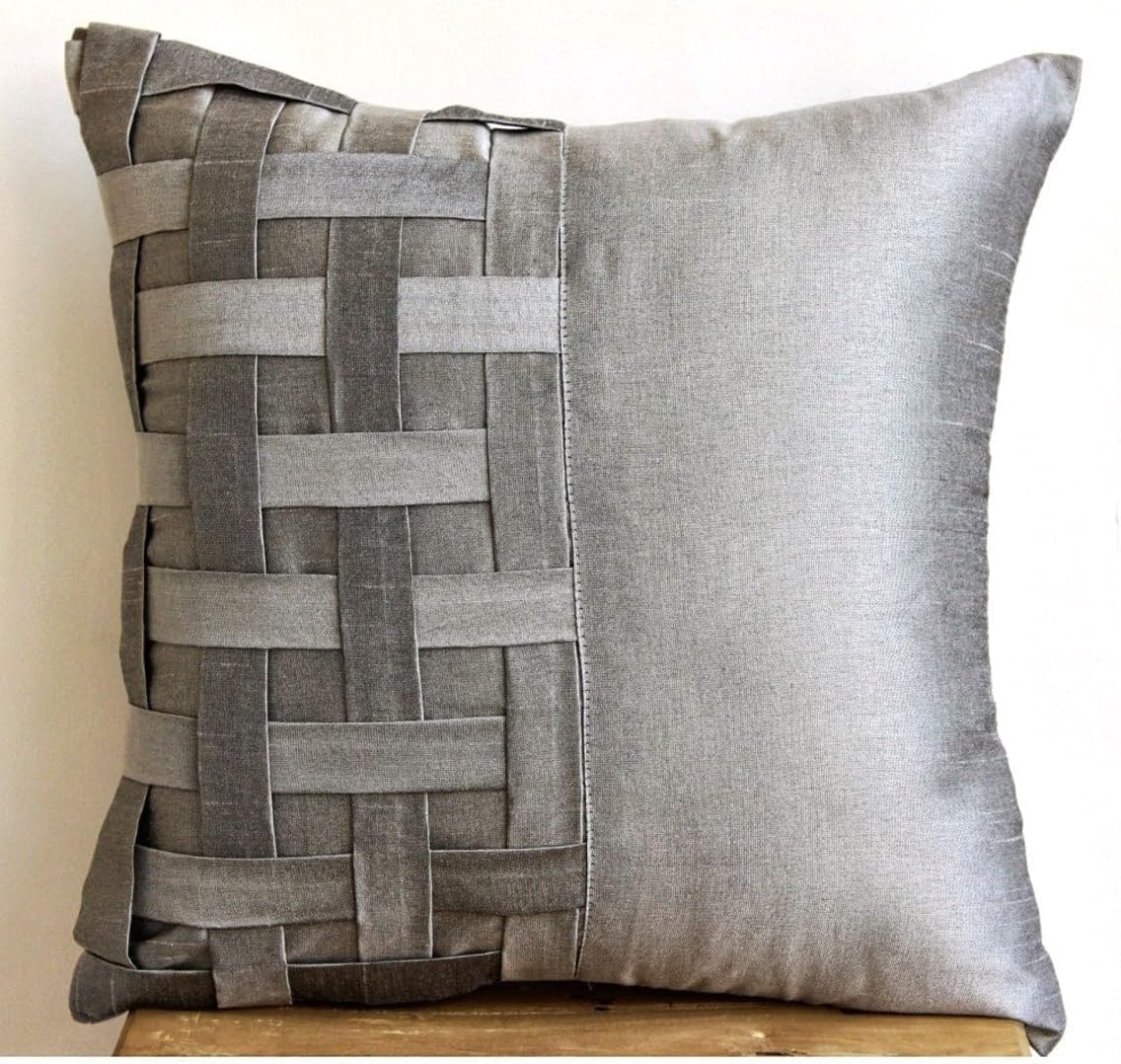 The HomeCentric Pillow Case, Silver Grey Shams, Basket Weave & Pintucks Pillow Shams, Pack of 2, 24x24 inch (60x60 cm) Pillow Sham, Square Silk Pillow Sham, Pillow Shams, Solid - Grey Silver Bricks