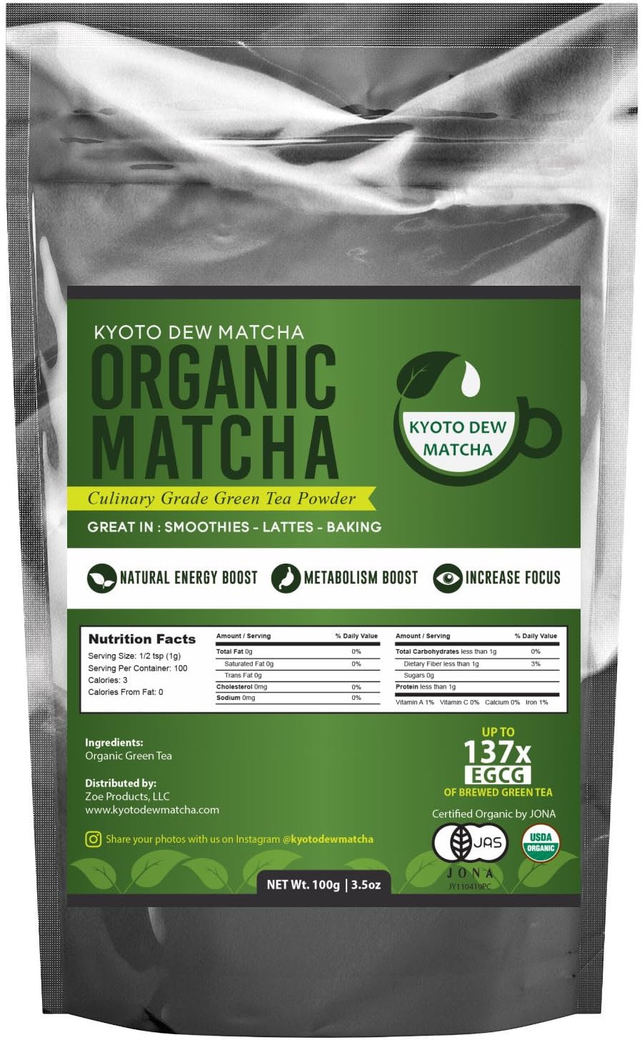 Kyoto Dew Matcha Green Tea Powder – USDA Organic, Authentic Japanese Origin – Culinary Grade (Smoothies, Lattes, Baking, Recipes) – Antioxidants, Energy [100g Value Size]