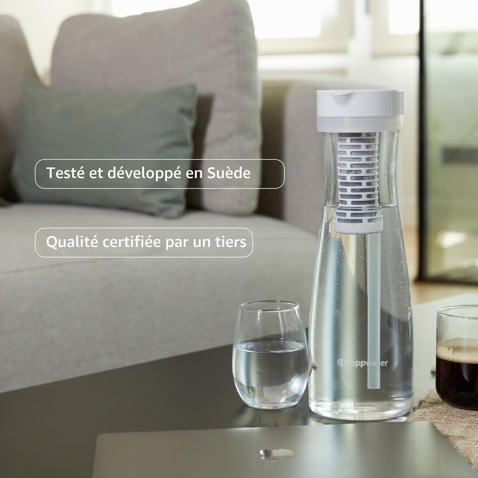 Tappwater Carafe d'eau avec filtre Premium PitcherPro avec SMR - pichet d'eau en verre 1,45L, filtration instantanée avec minéraux essentiels ajoutés, élimine le calcaire et +60 substances, Élégante