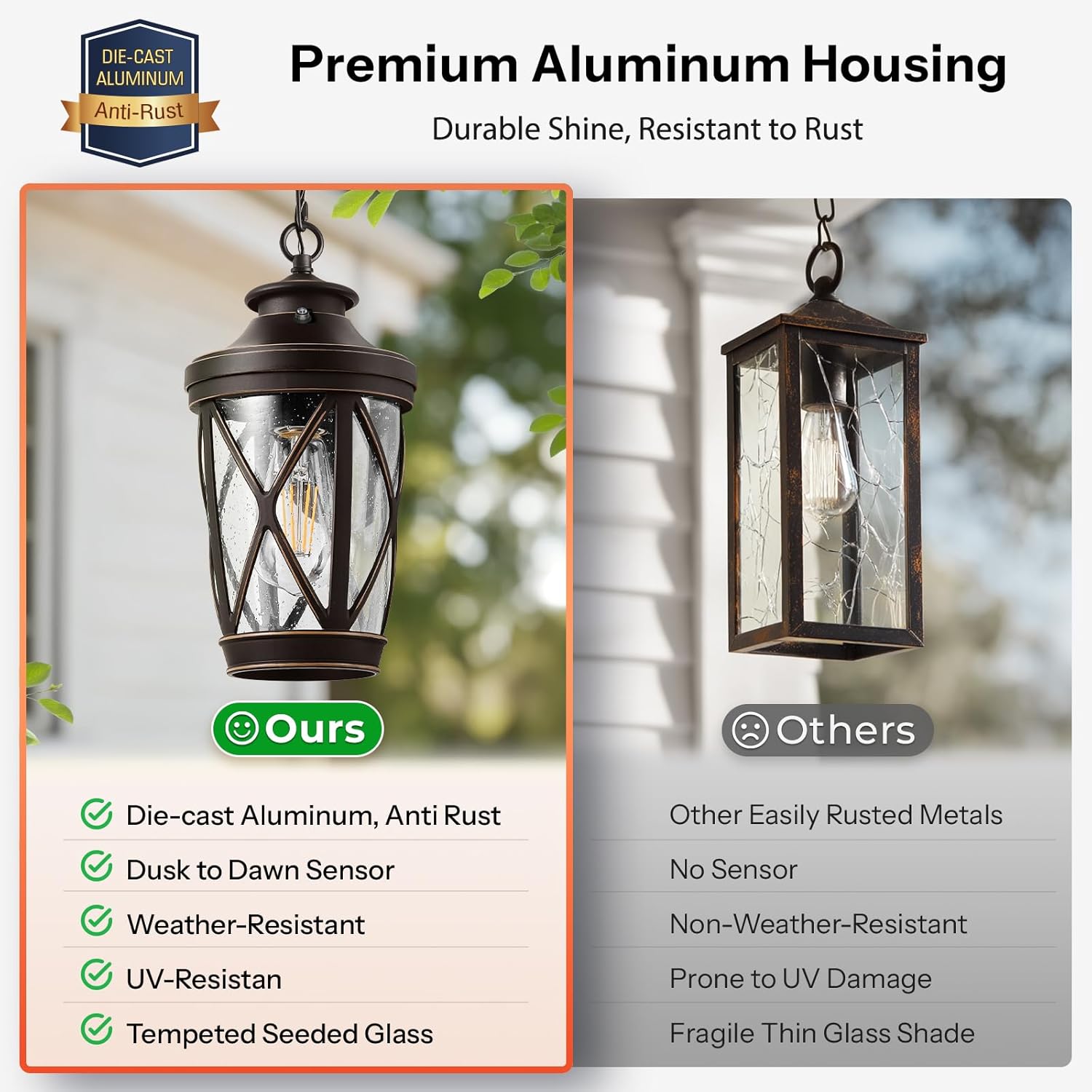 VIANIS Oil Rubbed Bronze Outdoor Pendant Light Fixtures, 1-Pack Outdoor Hanging Light with Dusk to Dawn Sensor, 1-Pack Outdside Chandelier for Porch, Exterior Lantern Ceiling Light with Chain
