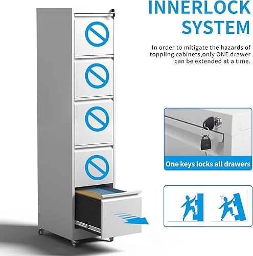 Vista 4 de Archivador de 5 cajones con cerradura, archivadores de metal sobre ruedas, cajones verticales de acero para oficina, almacenamiento para colgar