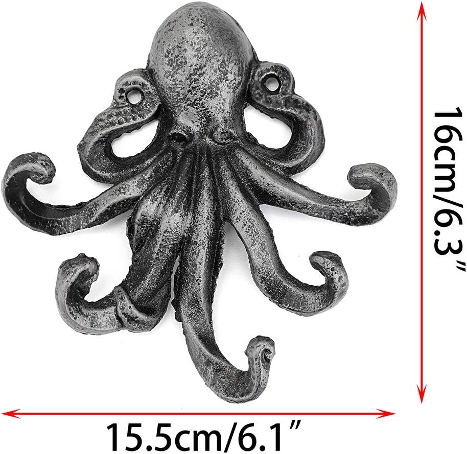 Sumnacon 6 Inch Cast Iron Octopus Decorative Coat Hook - Wall Mounted Nautical Hand Towel Rack Holder with Screws, Rustic Metal Clothing Hanger for Bedroom/Bathroom/Kitchen/Balcony, Silver - Image 3