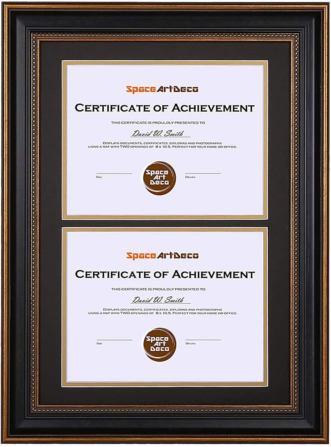 Space Art Deco, 14x20 Double Picture Frames for Two 8.5x11 Inch Certificates, Documents and College Degree, Wall Mounting, Black with Ornate Gold Trim