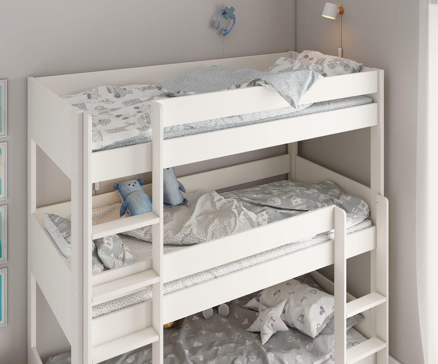 Close-up view of the middle and top bunks of the bed