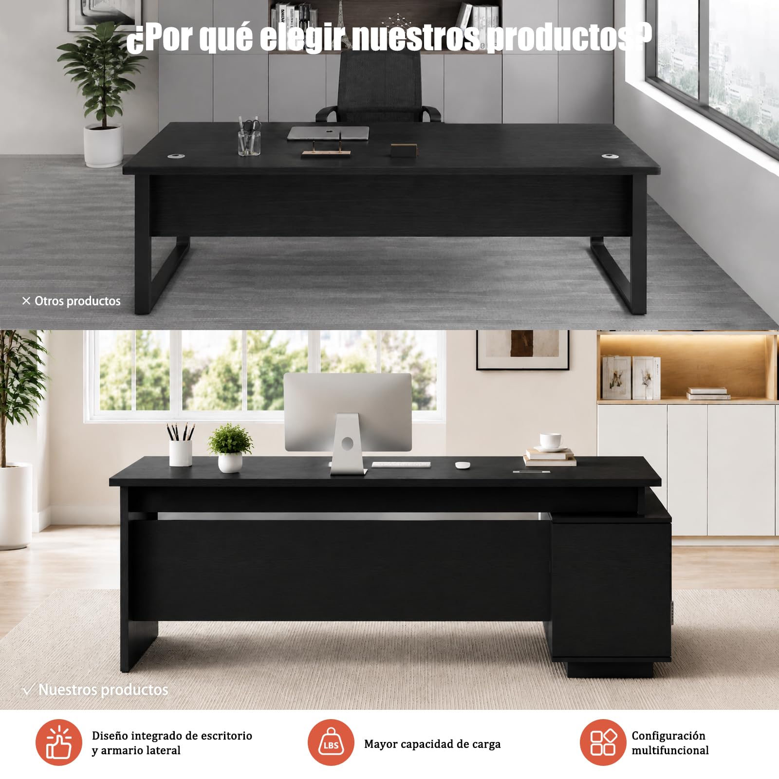 Escritorio Ejecutivo Grande con Almacenamiento y Cajones, Escritorio de Oficina, Estantes Abiertos y Gestión de Cables, para Oficina, Despacho y Teletrabajo