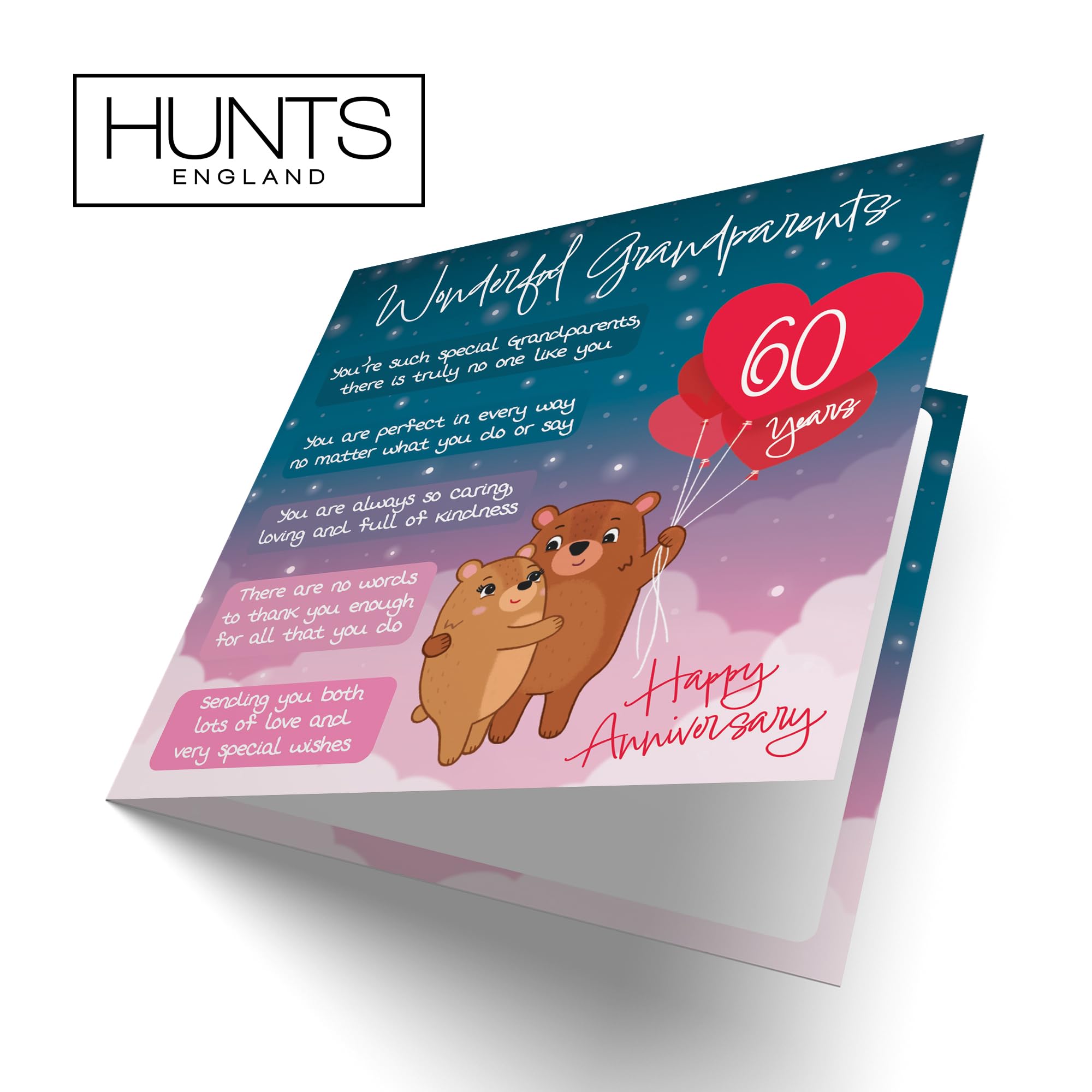 Hunts England, Grandparents 60th Anniversary Card, Starry Night, Cute Bears, Verse 60th Anniversary Card For Grandparents - Image 4