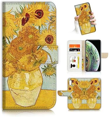 AJOURTEK for iPhone Xs, iPhone X, Art Designed Flip Wallet Style Cover Case Vincent Van Gogh Painting Full Body Protection AD004 (#24889 Sunflowers)