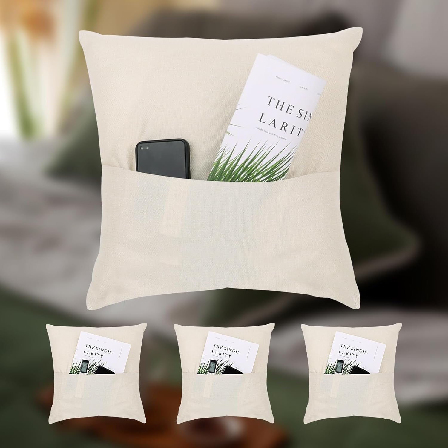 TopTie 4 PCS Sublimation Pillow Covers Blank with Pocket, Book Small Items Storage 18 x 18 Inches Linen Pillow Case