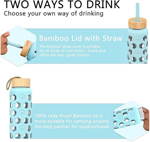 Miniatura 8 de Tronco Botella de agua de vidrio de 42 onzas con popote y 2 tapas de bambú, tapa de rosca y tapa con popote, vaso de vidrio reutilizable sin BPA con