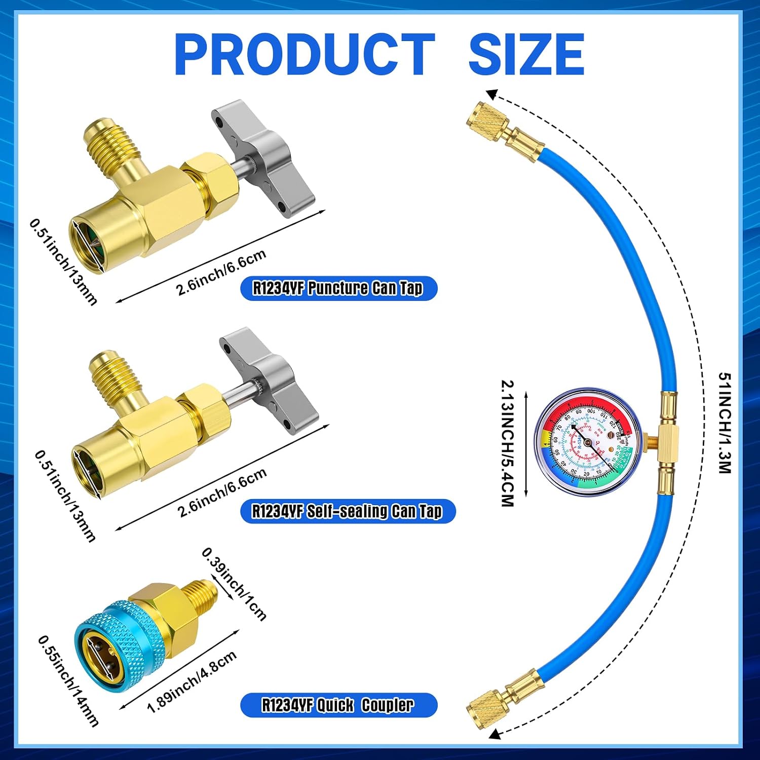 Mudder R1234YF Refrigerant Charge Hose Kit with Gauge, Includes R1234yf Quick Coupler Self Sealing/Puncture 1/2'' LH Can Tap Openers, 250 PSI Gauge and 59'' Recharge Hose for Air Conditioner