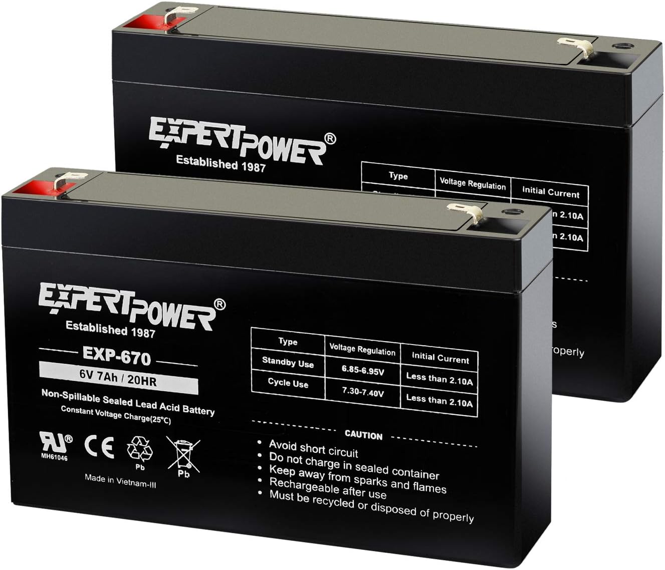 ExpertPower EXP670 (2 Pack) - 6V 7Ah Rechargeable 6V Battery for Ride On Toys, Emergency Light, Replacement for PEA6V65F3, Enduring 3FM7, UB670 Sealed Lead Acid (SLA) 6 Volt Battery with F1 Terminal