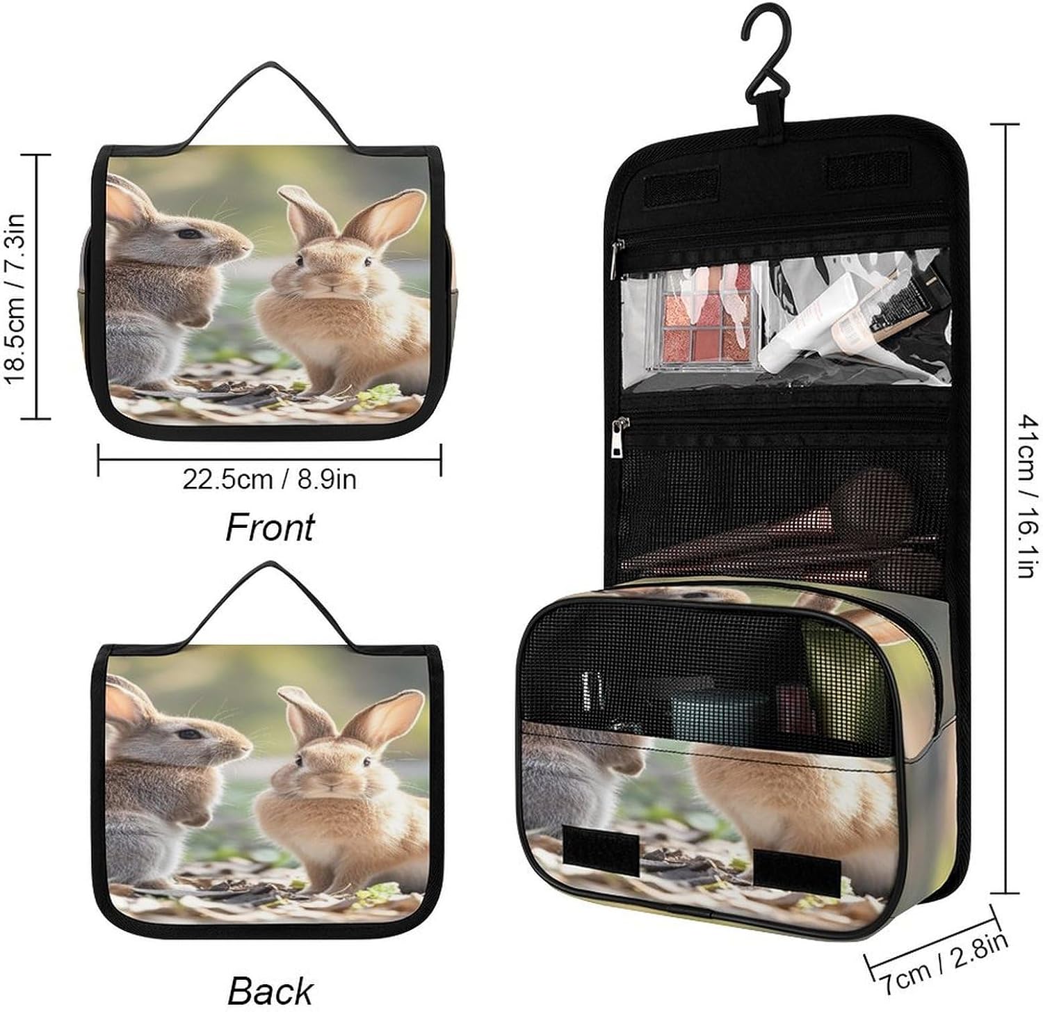 Two Little Cute Rabbits Wash Bag Portable Makeup Pouch image 2