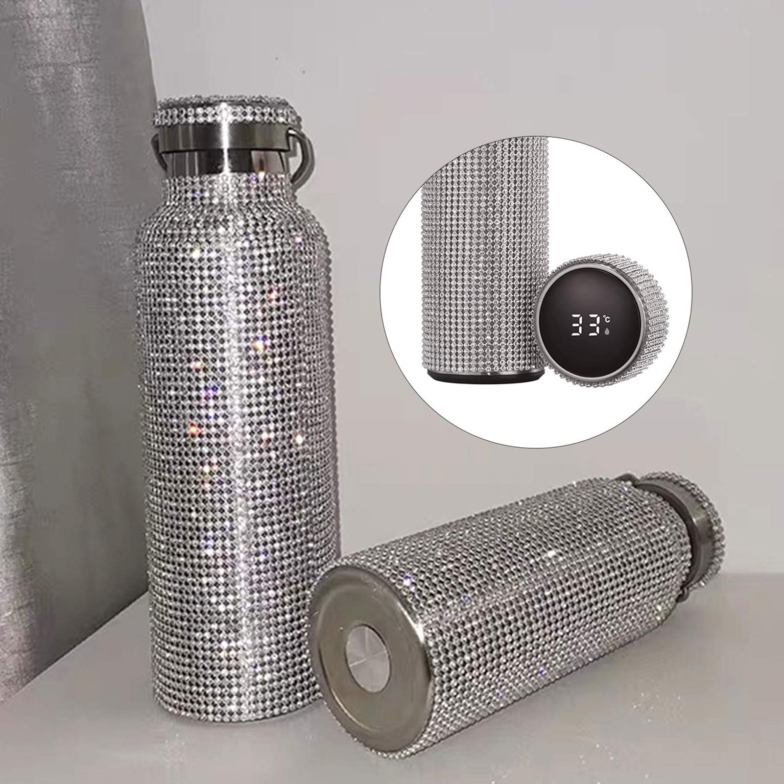Taza al vacío aislada con diamantes de imitación, botella de acero inoxidable, hervidor de agua, plata, 750 ml