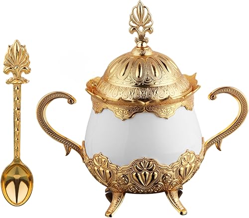 LaModaHome Azucarero con tapa y cuchara para el hogar, cocina y fiesta de boda, delicia y porción de chocolate, cuenco decorativo - doradoblanco