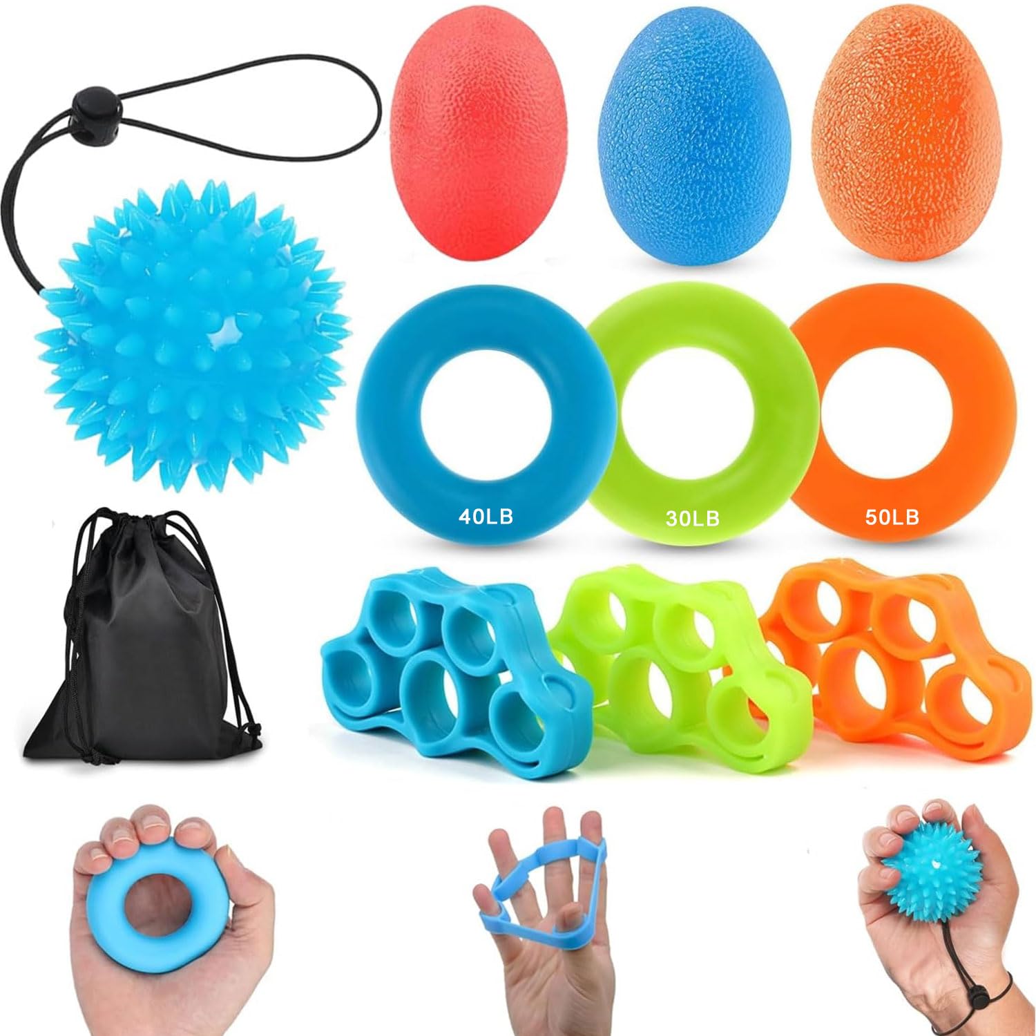 Cerkkapo Handtrainer Fingertrainer Ball, Von Ärzten empfohlen 9pcs Fingertrainer Set mit 3 Stärken und 1pcs 10lb Igelball Weich Knetball für Die Hand Training, Griffstärkung,Lindert Stress (10pcs Set)