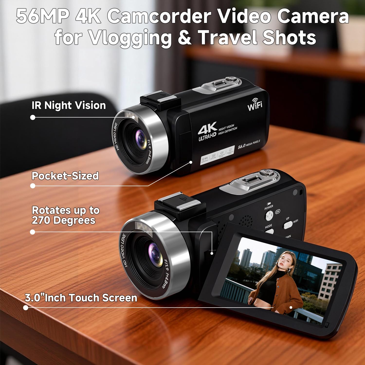 Videocamera, videocamera 4K da 56 MP, zoom 18x, rotazione a 270°, touchscreen con visione notturna a infrarossi, telecamera Wifi Vlogging per YouTube, scheda da 64 GB, anti-vibrazione, telecomando