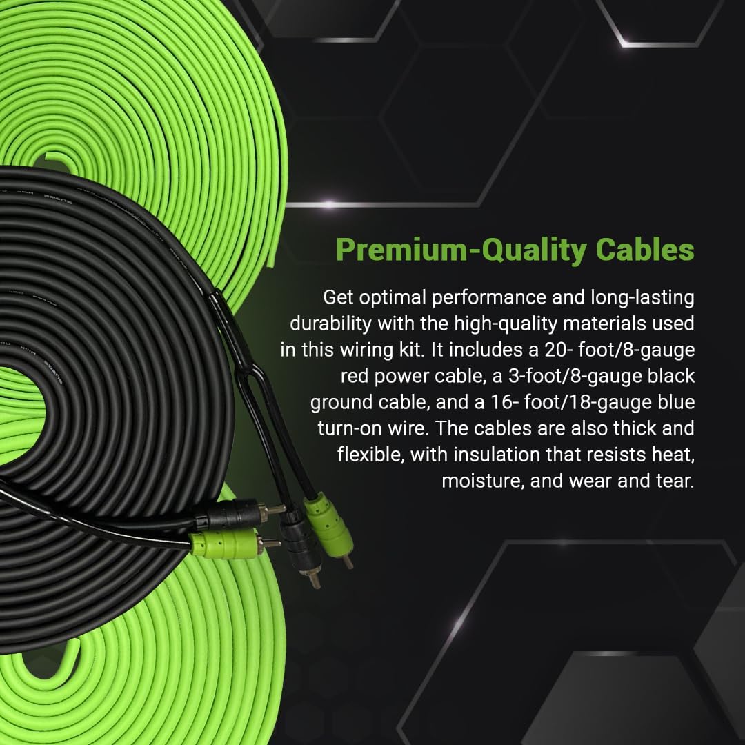 Surge 8-Gauge Car Amplifier Wiring Kit – 20ft Green Power Cable, 20ft RCA Interconnect, 30ft Speaker Wire, Mini-AGU Fuse Holder, Split Loom & Accessories – Car Audio Amp Install Kit