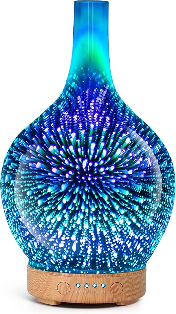 Essential Oil Diffuser, 3D Glass Ultrasonic Aromatherapy Diffuser 100ml Cool Mist Humidifier Aroma Diffuser for Essential Oils Timer 7 LED Lights Waterless Auto-Off for Home (Silver 3D)