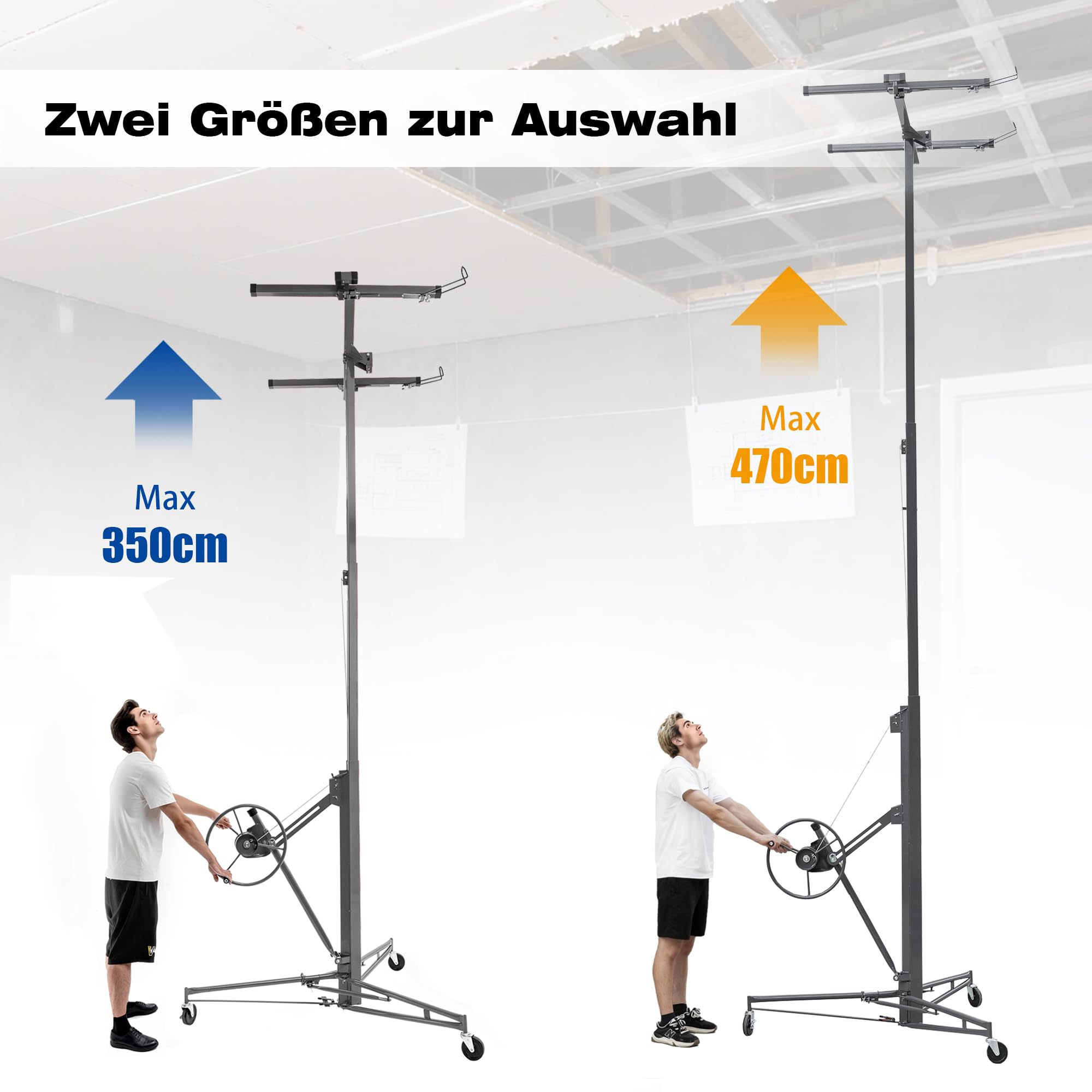 Plattenheber Trockenbau, Plattenlift Bis Max. 68 kg, Höhe 180-470 cm, 60-Grad-Neigung, mit 3 Bremsrädern, Hebevorrichtung Lastenheber für Decken und Wände, Grau, HD26041502