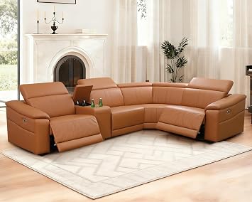 Power Recliner Sectional Sofa for Living Room, Power Leather Corner Sectional Couch with Dual Recliners, 4-Seater L Shaped Couch with Storage Console/Cup Holders/30 Super Wide SeatGinger