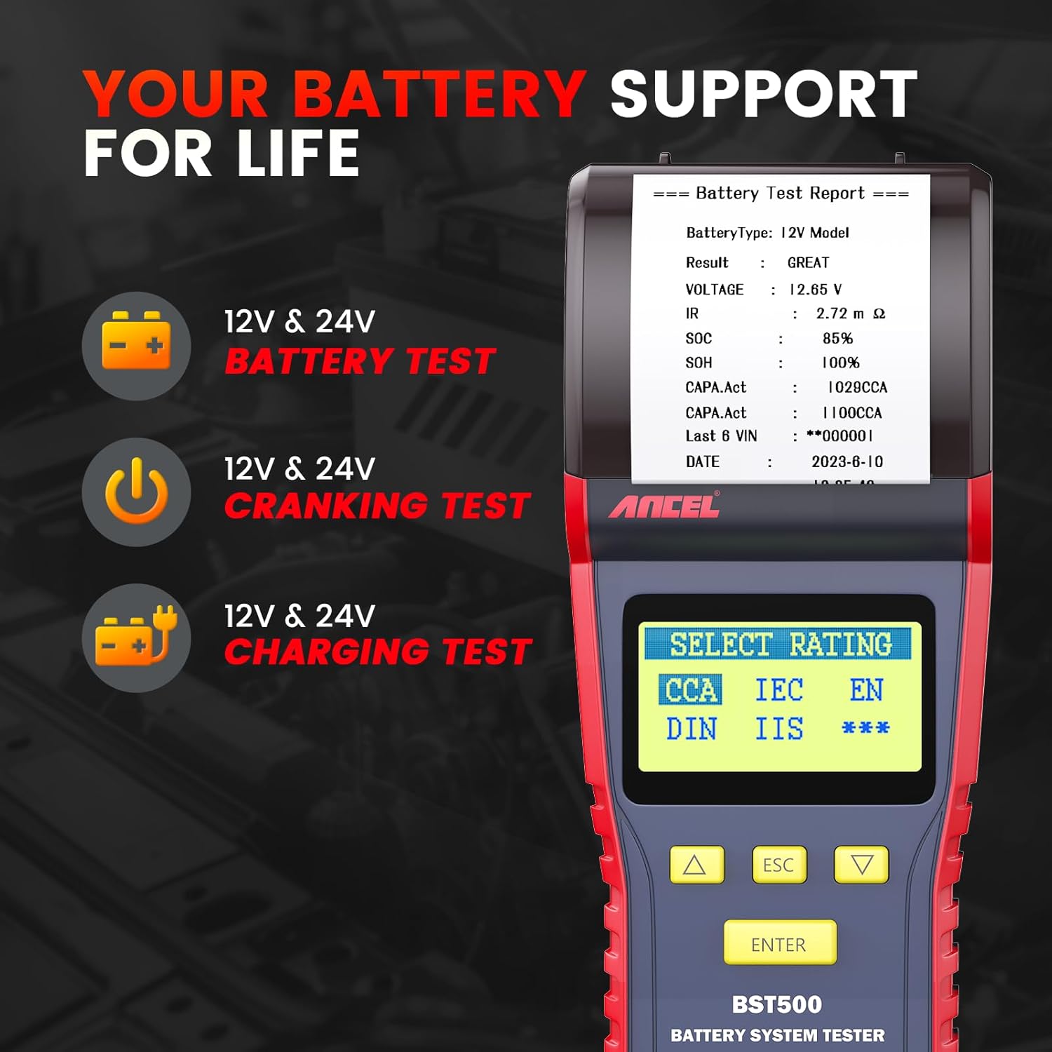 ANCEL BST500 Car Battery Tester with Printer, 12v 24v Automotive Battery Load Tester, Cranking Charging System Analyzer, 99.99% Accuracy for Car Motorcycles Truck SUV ATV RV and More
