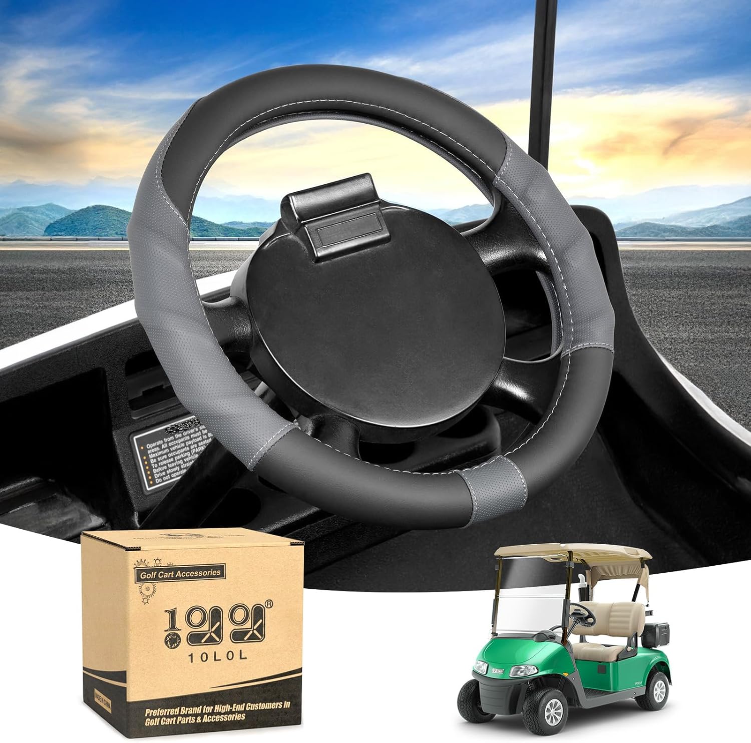 10L0L 13 Inch Golf Cart Steering Wheel Cover for EZGO TXT & RXV, Anti Slip PU Leather & Comfortable Grip Feeling-Black Grey