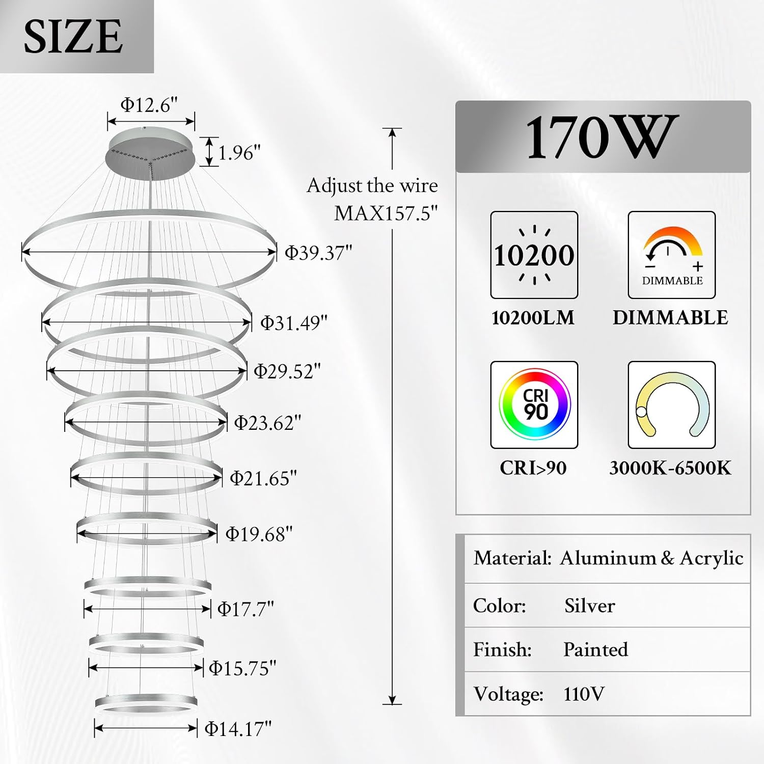 9-Rings D39.4in Modern LED Chandelier Silver Dimmable High Ceiling Foyer Chandeliers Entryway with Remote Control for Staircase Entryway Living Room Foyer, 3000K-6500K