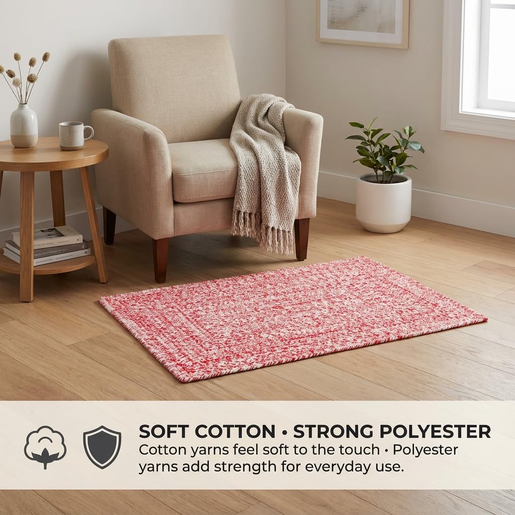 Super Area Rugs Farmhouse Braided Rug Cotton Kitchen Reversible Carpet, Red & White, 2' X 3' Rectangle
