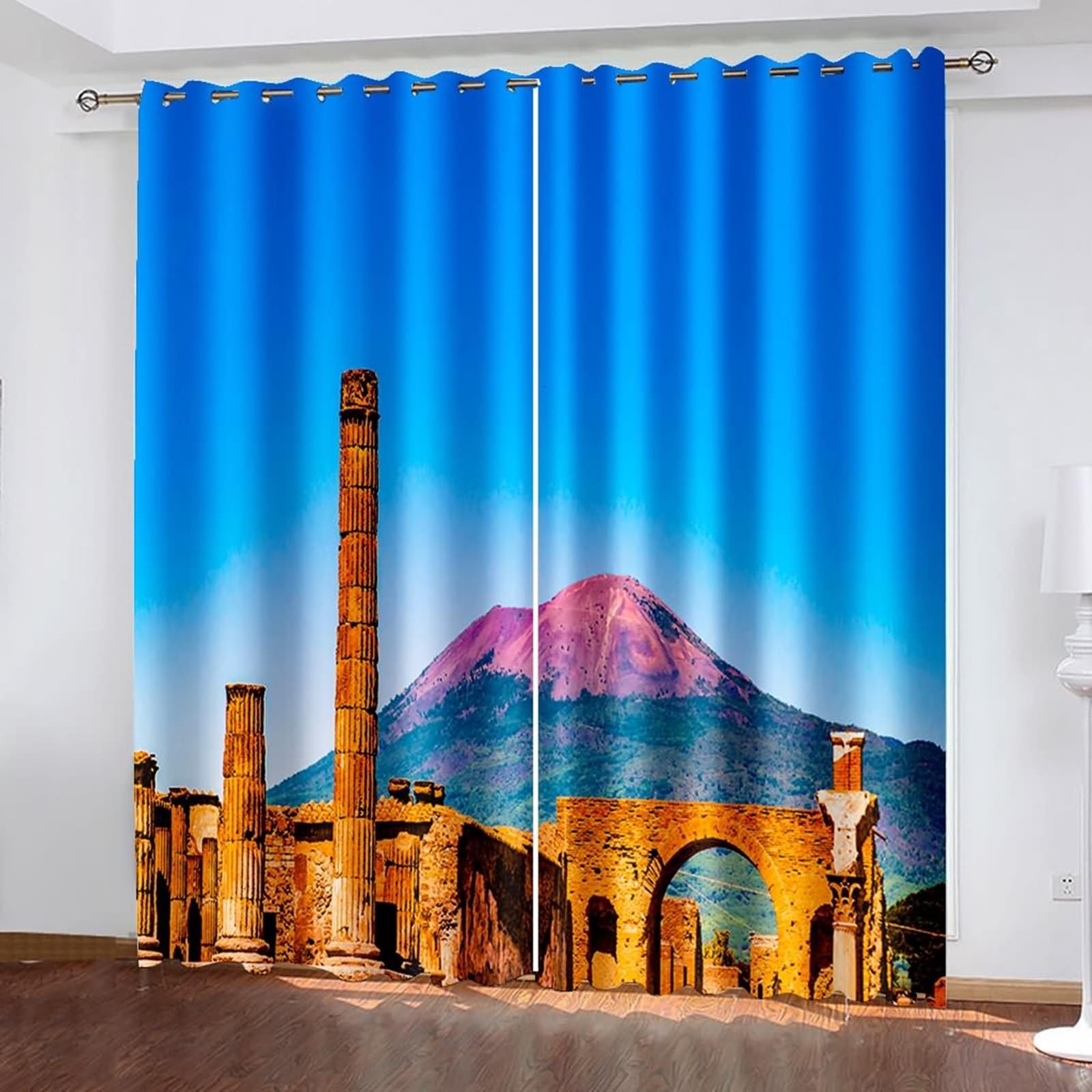 Gardine Schlafzimmer Blickdicht, 102x160cm Blau Grün Braun Berglandschaft Verdunklungsvorhänge mit Ösen