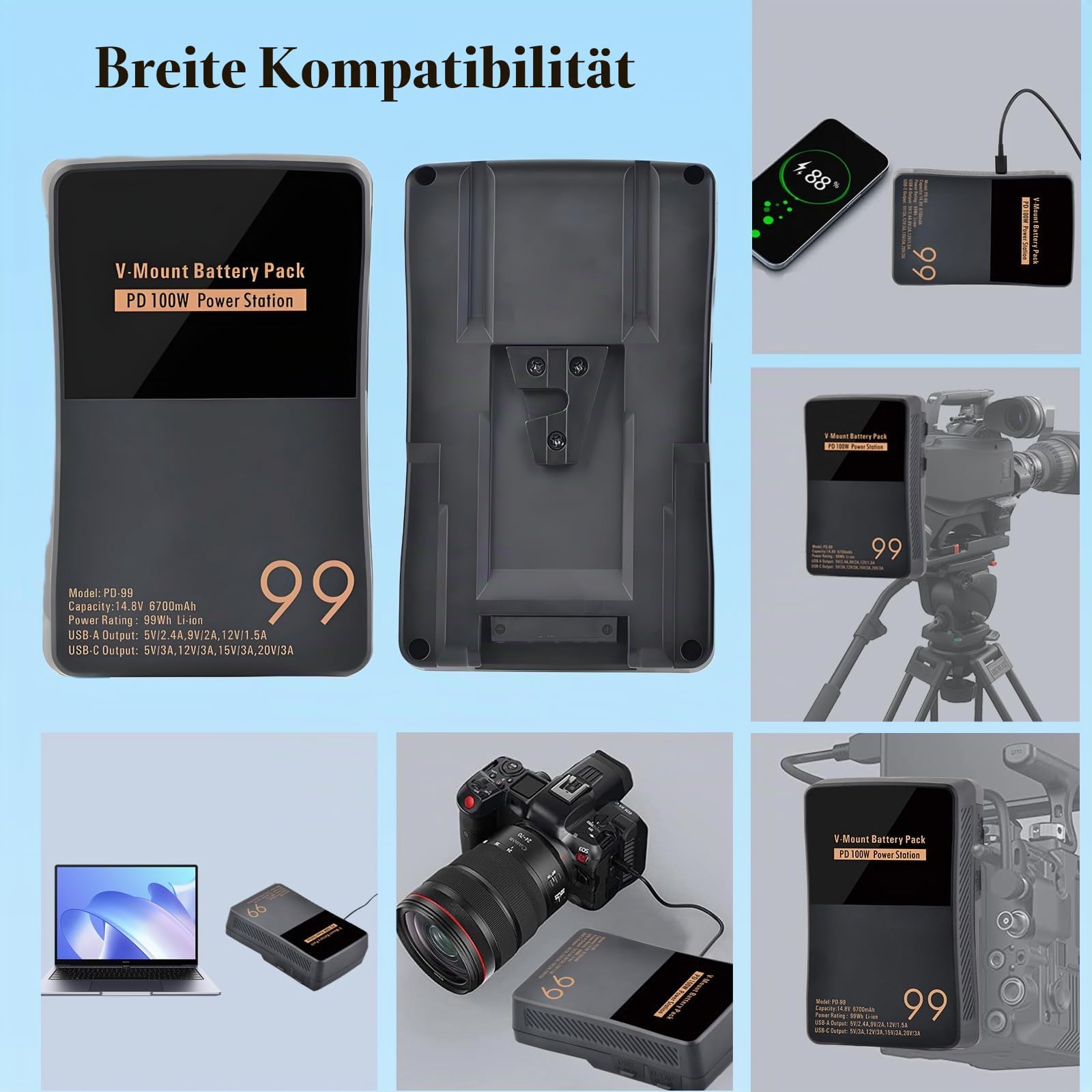V Mount/V-Lock Akku 99Wh 6700mAh Mini V-Mount Batterie mit PD 100W USB-C Schnellladekabel und PD 65W Stecker für Camcorder, Kamera, Feldmonitor, Videolicht
