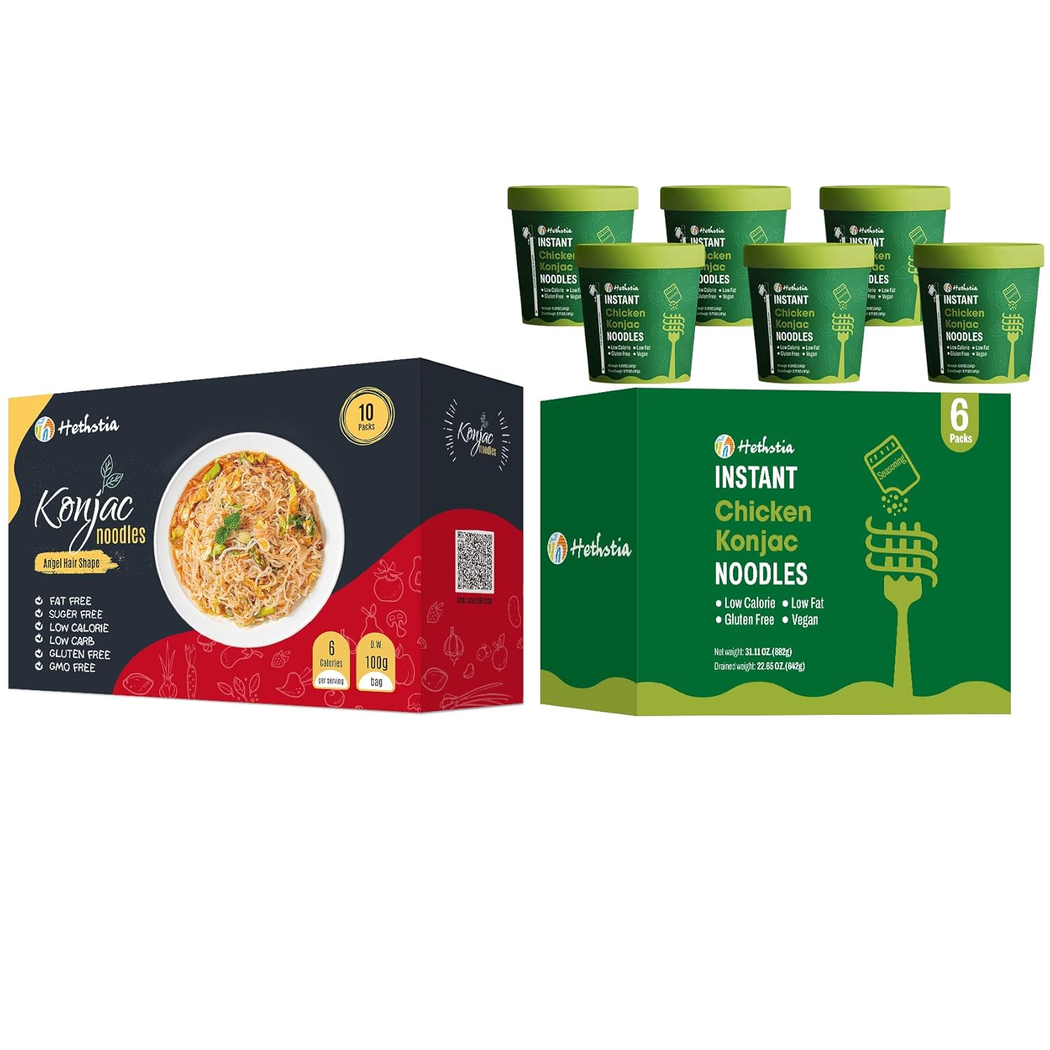 Hethstia Konjac Chicken Soup Noodle Cups & Angel Hair Shirataki, 6-Pack Instant Low Calorie Chicken Broth Noodle Soup with 10-Pack Ready-to-Eat Low Carb Konjac Pasta, Keto, Gluten-Free, Sugar-Free, He