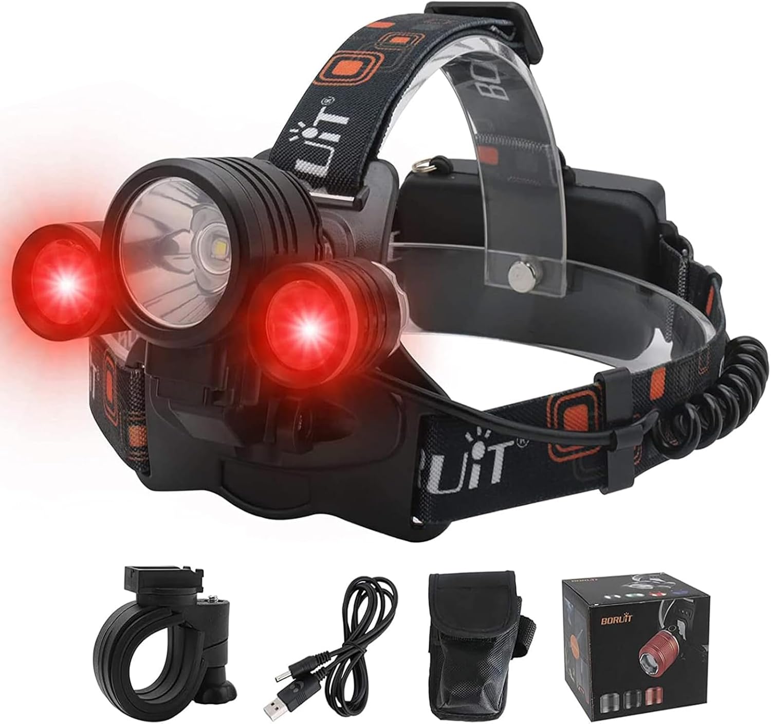 BORUIT LED Rechargeable Headlamp with Red and White Light,Super Bright Battery Powered 3 Modes Waterproof Head Lamps with Bike Clip for Hunting Fishing Camping Hiking