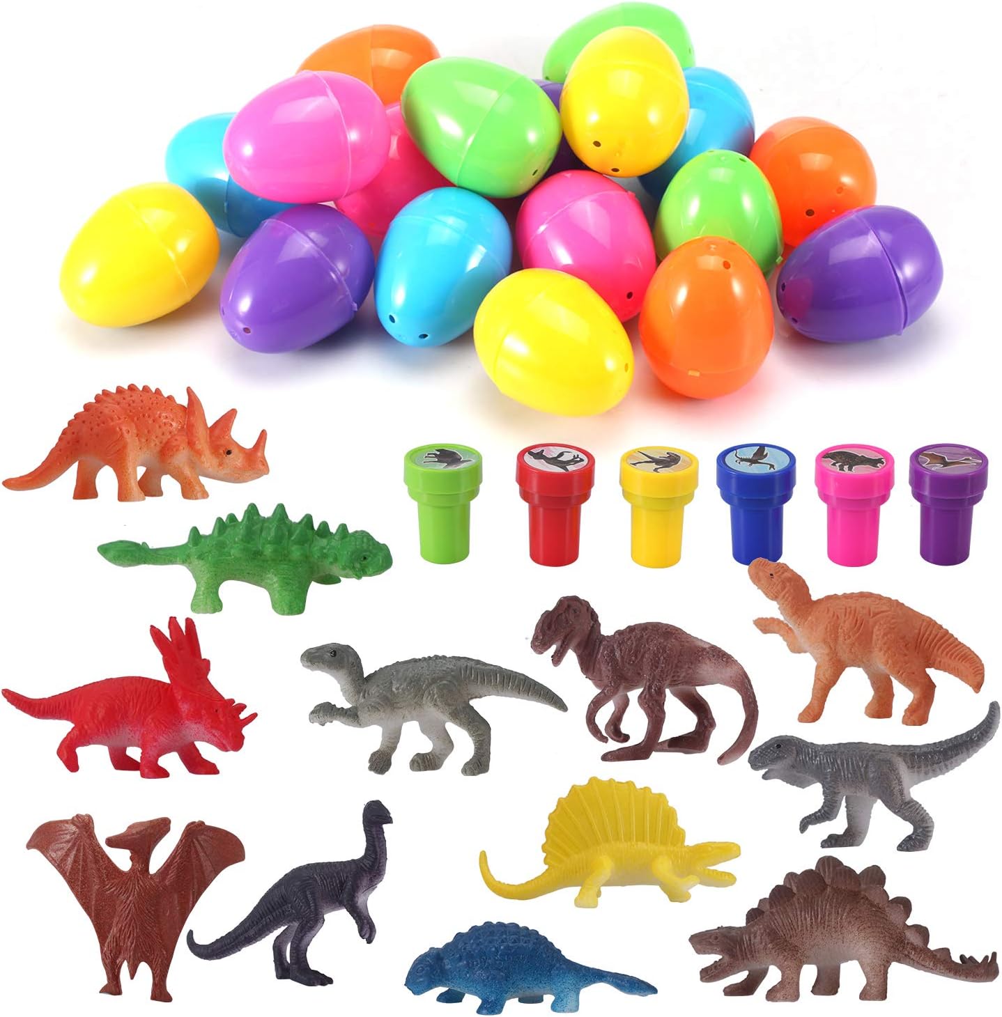 Easter Eggs with Prefilled Dinosaur Toys & Dinosaur Stampers (18 Pieces), Perfect for Easter Eggs Hunt, Easter Basket Stuffers, Easter Party Favors
