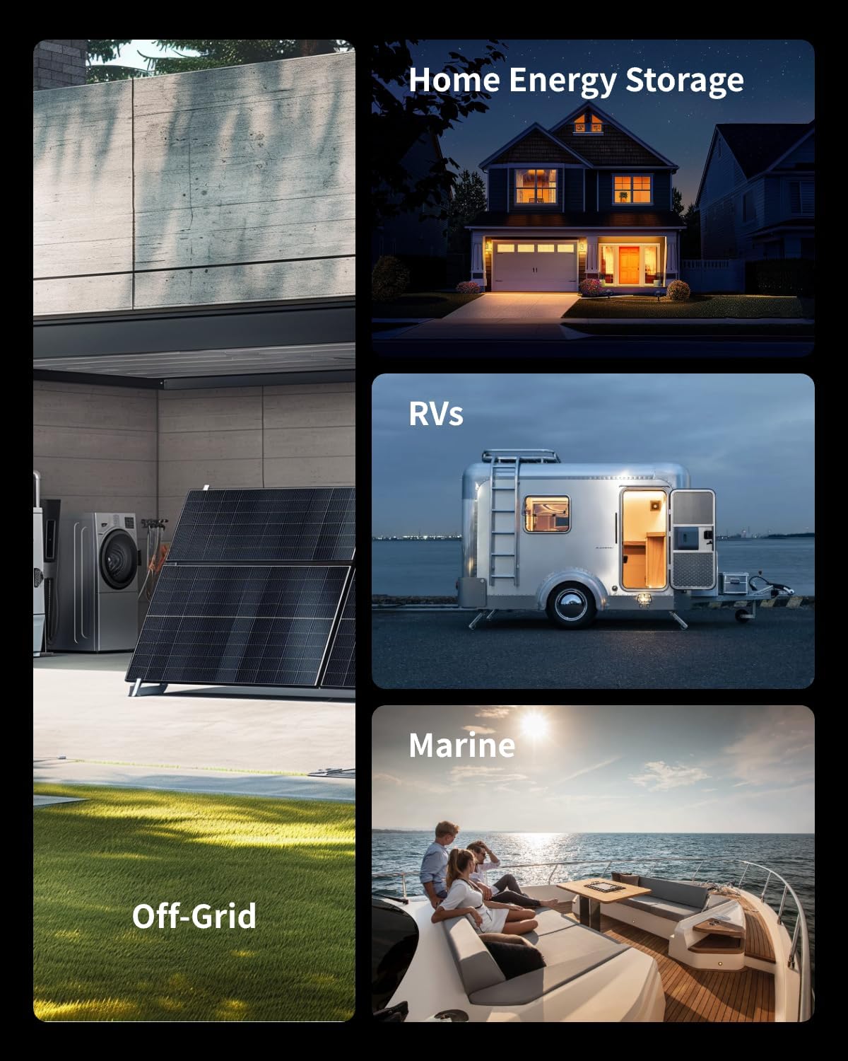 Collage de imágenes que muestran diversas aplicaciones de la batería HumsiENK: almacenamiento de energía en el hogar, vehículos recreativos, aplicaciones marinas y configuraciones fuera de la red.