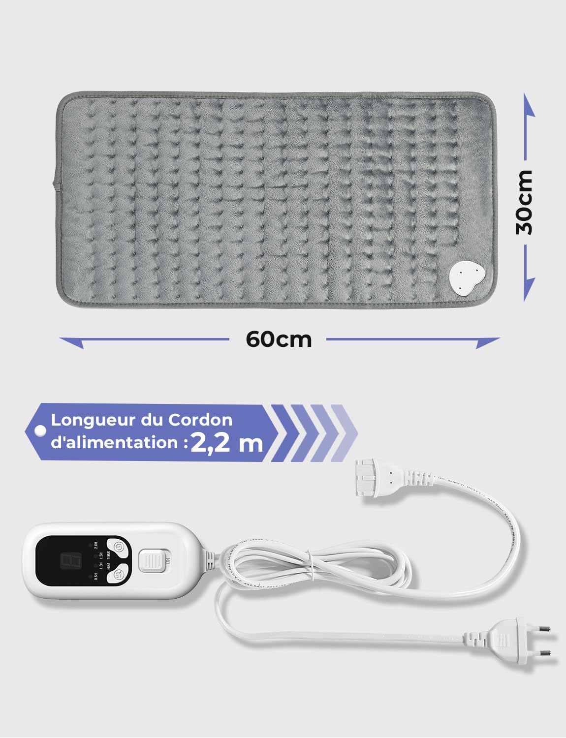 Coussin Chauffant Électrique Dos Épaules Abdomen 6 Niveaux Température 4 Réglages Minuterie Chauffage Rapide Arrêt Automatique Lavable Machine Gris Clair 60 x 30cm